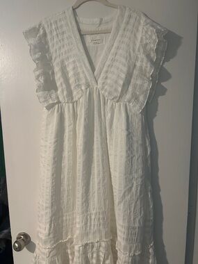 Anthropologie White Textured V-Neck Ruffle Midi Dress